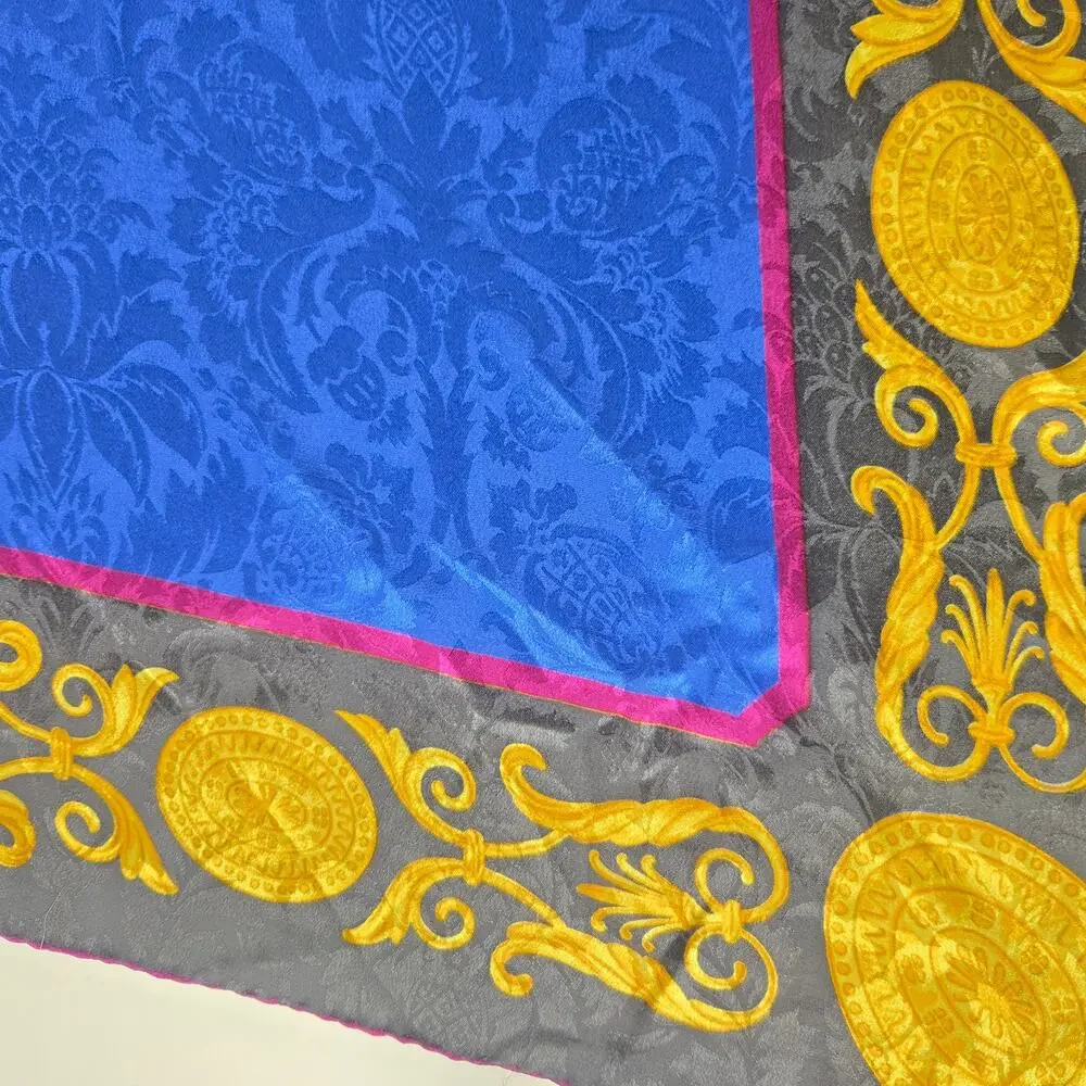 Vintage Luc Benoit Baroque Silk Scarf Gold Medallion Ornate Damask Square 33x33